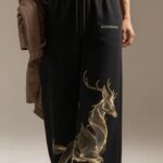 Cotton Joggers with Golden Deer Print | Elastic Waist Track Pants | Casual Streetwear | Black Baggy Pants | Sweatpants for Gym Running and Lounge