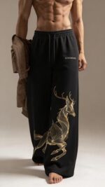 Cotton Joggers with Golden Deer Print | Elastic Waist Track Pants | Casual Streetwear | Black Baggy Pants | Sweatpants for Gym Running and Lounge