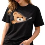 Cute Teddy Bear Zip Graphic Printed T-Shirt for Women, 100% Cotton, Half Sleeve, Round Neck, Oversized Fit, Black/Beige