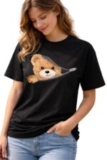 Cute Teddy Bear Zip Graphic Printed T-Shirt for Women, 100% Cotton, Half Sleeve, Round Neck, Oversized Fit, Black/Beige
