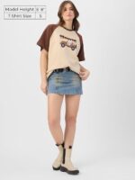 The Souled Store Peanuts: Groovin' Women and Girls Short Sleeves Round Neck Brown Embroidered Cotton Oversized T-Shirts - Image 2