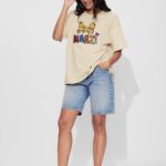 The Souled Store Meri Marzi: Women and Girls Short Sleeves Round Neck Beige Embroidered Cotton Poly Blend Textured Lightweight Everyday Streetwear Oversized T-Shirt