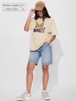 The Souled Store Meri Marzi: Women and Girls Short Sleeves Round Neck Beige Embroidered Cotton Poly Blend Textured Lightweight Everyday Streetwear Oversized T-Shirt