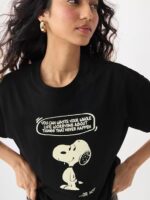 The Souled Store Peanuts: Overthink Women and Girls Short Sleeves Round Neck Black Graphic Printed Cotton Lightweight Everyday Streetwear Oversized T-Shirt - Image 2