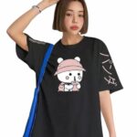 Women Printed Round Neck Cotton Blend Black T-Shirt