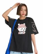 Women Printed Round Neck Cotton Blend Black T-Shirt