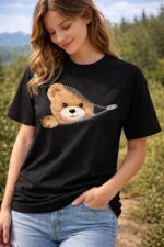 Cute Teddy Bear Zip Graphic Printed T-Shirt for Women, 100% Cotton, Half Sleeve, Round Neck, Oversized Fit, Black/Beige - Image 3