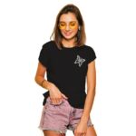Women’s Black Cotton T-Shirt Mini Butterfly Rhinestone Design Round Neck Casual Top