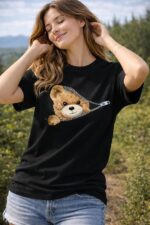 Cute Teddy Bear Zip Graphic Printed T-Shirt for Women, 100% Cotton, Half Sleeve, Round Neck, Oversized Fit, Black/Beige - Image 2