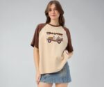 The Souled Store Meri Marzi: Women and Girls Short Sleeves Round Neck Beige Embroidered Cotton Poly Blend Textured Lightweight Everyday Streetwear Oversized T-Shirt - Image 4