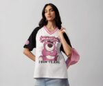 The Souled Store Lotso: Toy Story Women and Girls Short Sleeves V-Neck White Graphic Printed Cotton Lightweight Everyday Streetwear Oversized T-Shirt
