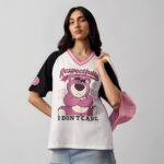 The Souled Store Lotso: Toy Story Women and Girls Short Sleeves V-Neck White Graphic Printed Cotton Lightweight Everyday Streetwear Oversized T-Shirt