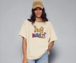 The Souled Store Meri Marzi: Women and Girls Short Sleeves Round Neck Beige Embroidered Cotton Poly Blend Textured Lightweight Everyday Streetwear Oversized T-Shirt - Image 3