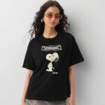The Souled Store Peanuts: Overthink Women and Girls Short Sleeves Round Neck Black Graphic Printed Cotton Lightweight Everyday Streetwear Oversized T-Shirt