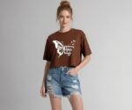 Women's Cropped T-Shirt, Brown, Butterfly Print, Fluttering Wings of Beauty Graphic, Short Sleeve