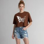 Women's Cropped T-Shirt, Brown, Butterfly Print, Fluttering Wings of Beauty Graphic, Short Sleeve