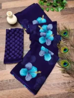 Anand Sarees Floral Print Daily Wear Georgette Saree with Unstitched Blouse (Dark Blue, Light Blue)