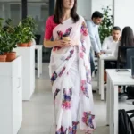 Anand Sarees Floral Print Daily Wear Georgette Saree with Unstitched Blouse (White, Red, Blue)