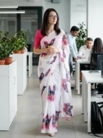 Anand Sarees Floral Print Daily Wear Georgette Saree with Unstitched Blouse (White, Red, Blue)