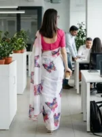 Anand Sarees Floral Print Daily Wear Georgette Saree with Unstitched Blouse (White, Red, Blue) - Image 3