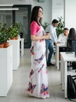 Anand Sarees Floral Print Daily Wear Georgette Saree with Unstitched Blouse (White, Red, Blue) - Image 4