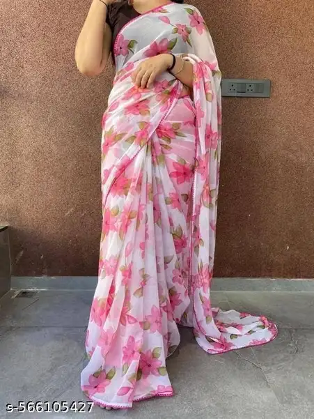free-raniel-white-flower-asmanicreation-unstitched-original-imahhxcmy4xqde8r asmanicreation Self Design Bollywood Georgette Saree with Unstitched Blouse (Pink) - Image 1