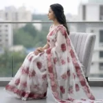parakhiya fab Printed, Self Design Bollywood Cotton Linen Saree with Unstitched Blouse (Maroon, White) - Image 3