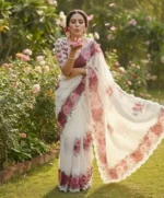 parakhiya fab Printed, Self Design Bollywood Cotton Linen Saree with Unstitched Blouse (Maroon, White) - Image 5